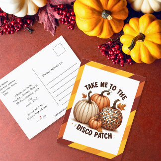 Take me to the Disco Patch border and pumpkins Invitation Postcard