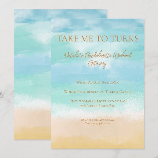 Take Me To Turks Vacation Bachelorette Wedding Invitation (Front/Back)