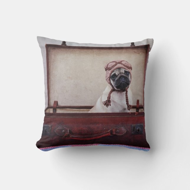 "Take me with you" Pug Puppy Throw Pillow. Cushion (Front)