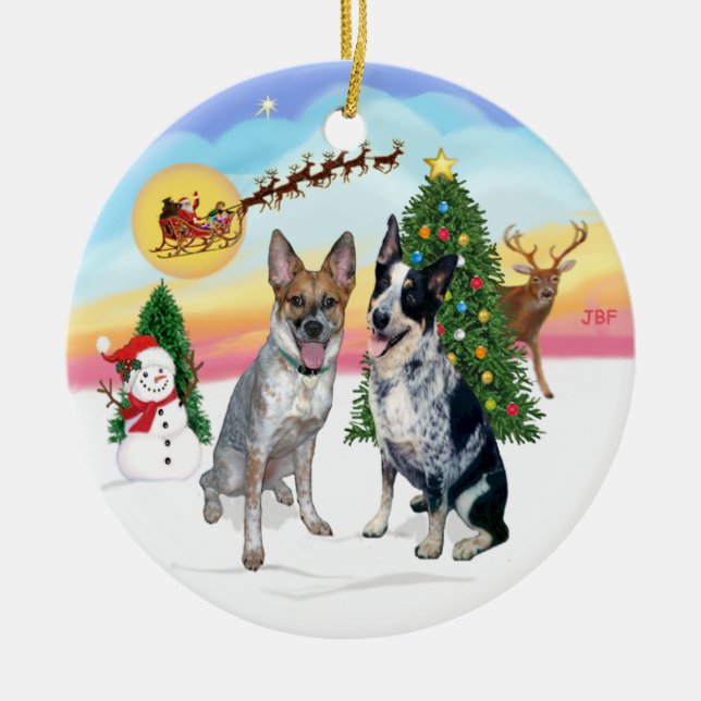 Take Off - Two Australian Cattle Dogs Ceramic Tree Decoration (Front)