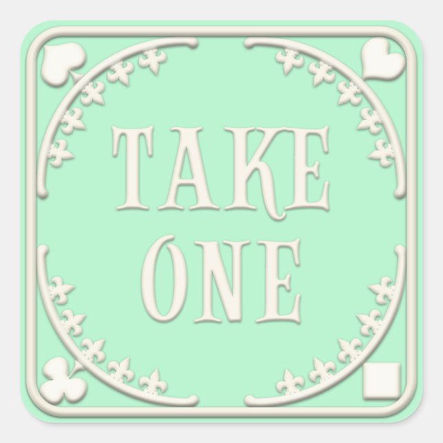 "Take One" Wonderland Tea Party Inviting Green Square Sticker (Front)
