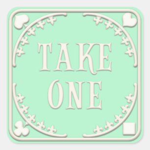 "Take One" Wonderland Tea Party Inviting Green Square Sticker