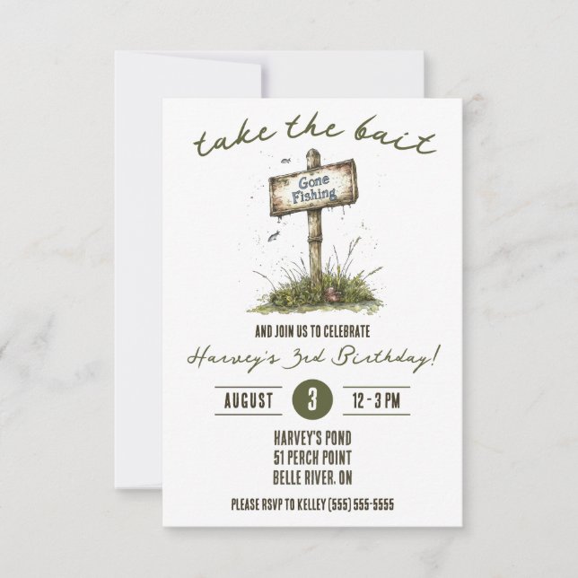 Take the Bait, Fishing Themed Birthday Party Invitation (Front)