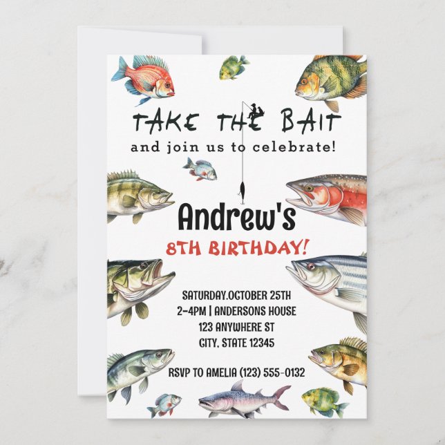 Take The Bait Watercolor Fishing Birthday Invitation (Front)