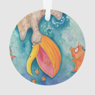 "Take the plunge!" Pelican & Fish Art Ornament