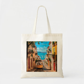 Take The Scenic Route Lisbon Tram Illustration Tote Bag