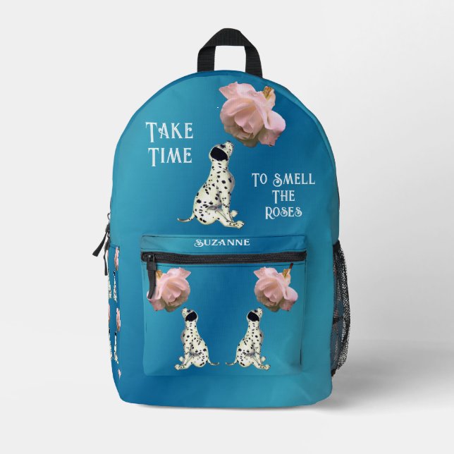 Take Time To Smell Roses Puppy Inspirational Printed Backpack (Front)