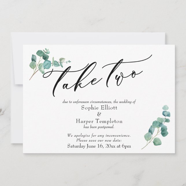 Take Two Eucalyptus Postponed Wedding Announcement (Front)
