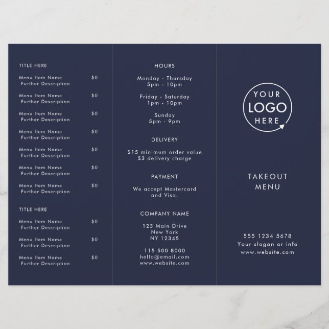 Takeout Restaurant | Navy Blue Logo Takeaway Menu (Front)