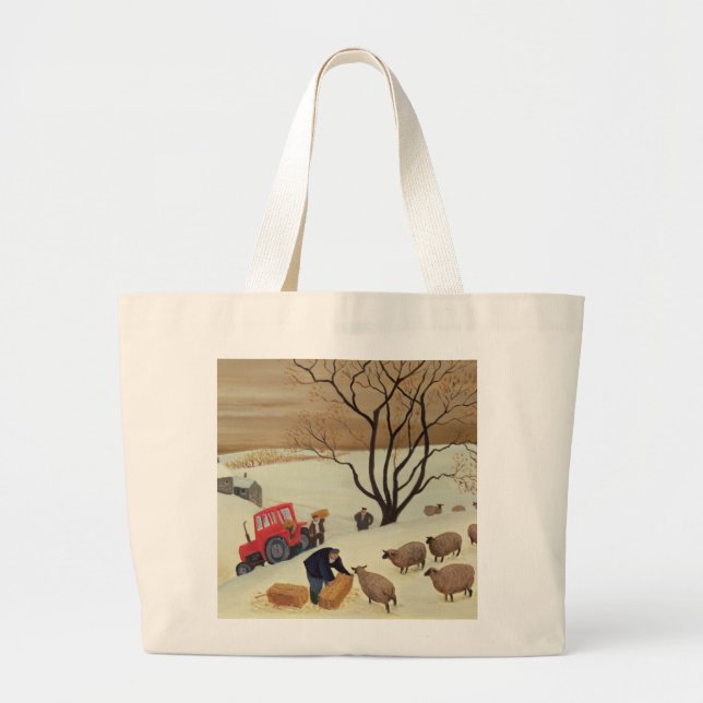 Taking Hay to the Sheep by Tractor Large Tote Bag (Front)