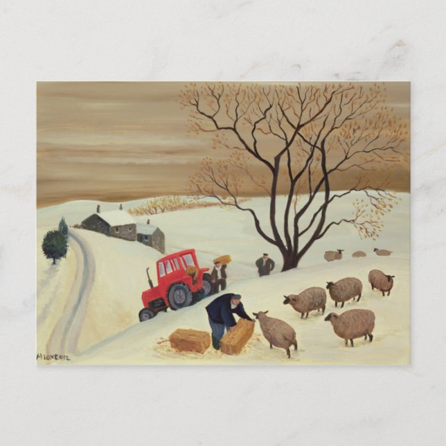 Taking Hay to the Sheep by Tractor Postcard (Front)