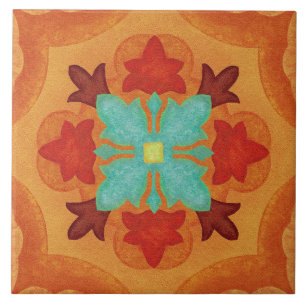 Talavera 02 Orange Red Blue Mediterranean Floral Tile