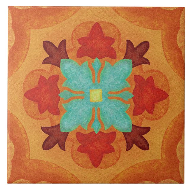 Talavera 02 Orange Red Blue Mediterranean Floral Tile (Front)