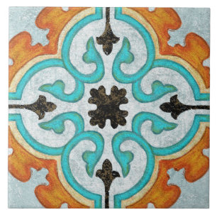 Talavera 09 Orange Grey Aqua Mediterranean Geo Tile