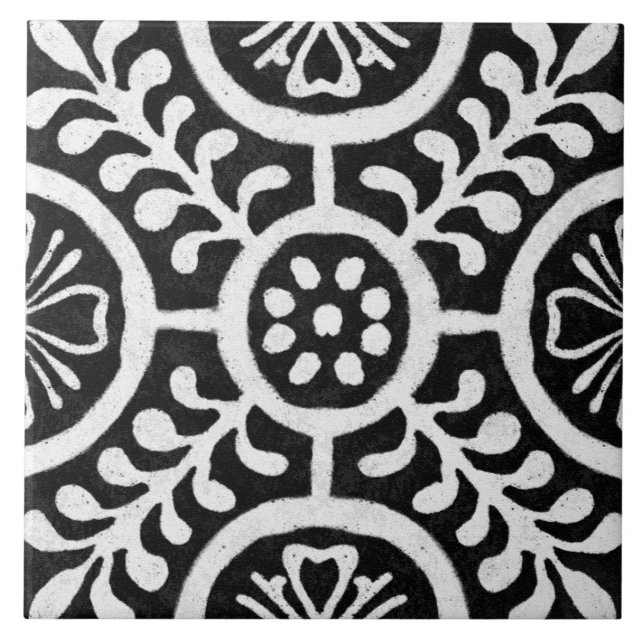 Talavera 11 Black White Grey Mediterranean Floral Tile (Front)