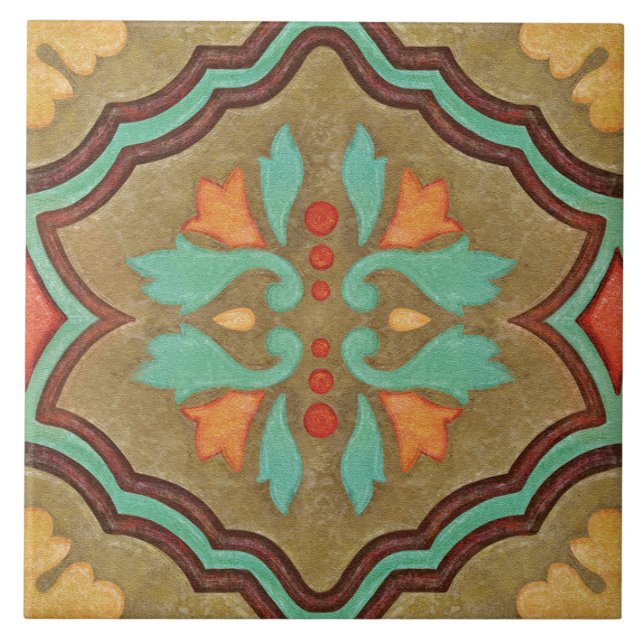 Talavera 13 Olive Green Aqua Mediterranean Floral Tile (Front)