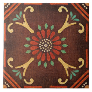 Talavera 14 Brown Red Aqua Mediterranean Floral Tile