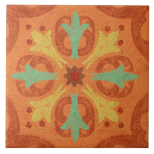 Talavera 16 Orange Rust Aqua Mediterranean Geo Tile