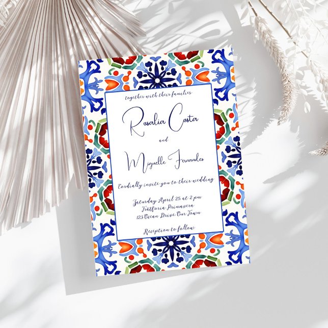 Talavera azulejo blue tile vintage Mexican wedding Invitation (Talavera Azulejo blue tiles vintage Mexican wedding Invitation editable template instant download)