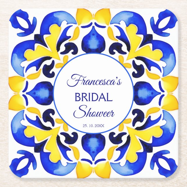 Talavera azulejo blue tiles bridal shower favours square paper coaster (Front)