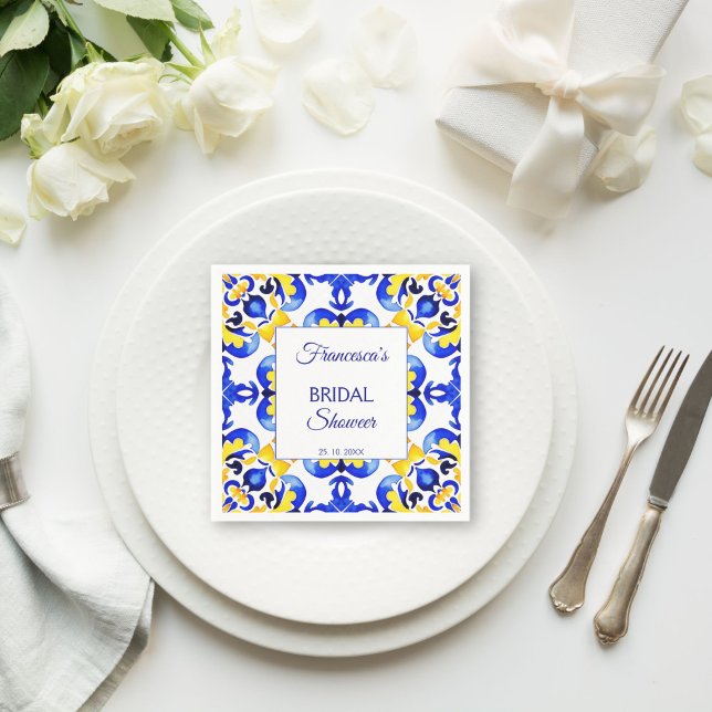 Talavera azulejo blue tiles Mexican bridal shower Napkin (Talavera azulejo blue tiles vintage Mexican bridal shower monogram printed Napkins personalized deco)