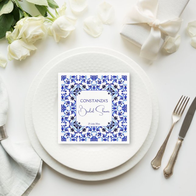 Talavera azulejo blue tiles Mexican bridal shower Napkin (Talavera azulejo blue tiles vintage Mexican bridal shower monogram printed Napkins table decor)