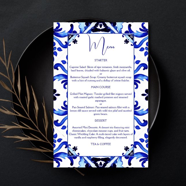 Talavera azulejo blue tiles vintage Mexican menu (Talavera azulejo Maiolica blue tiles vintage Mexican bridal shower wedding menu card template)