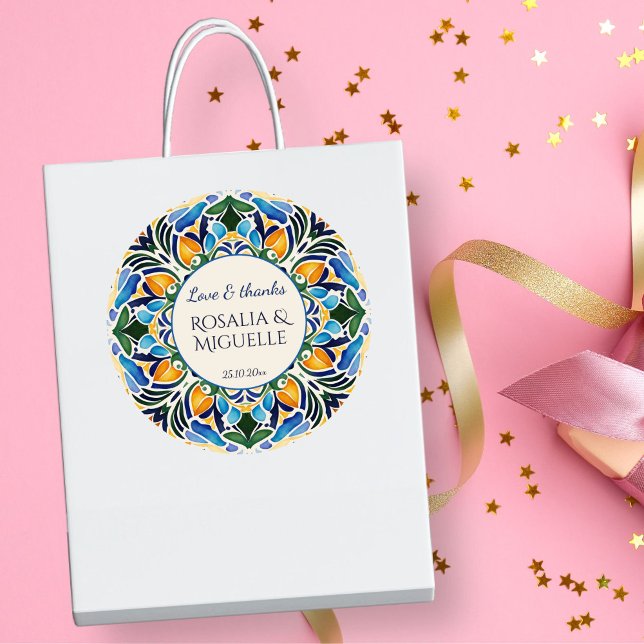 Talavera azulejo blue vintage Mexican favour Classic Round Sticker (Talavera azulejo blue vintage Mexican wedding thank you favor favor Stickers)