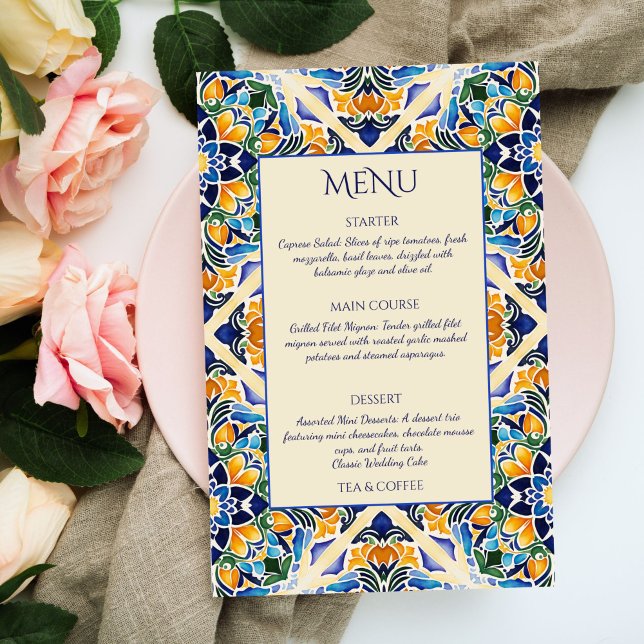 Talavera azulejo blue vintage tiles menu card (Talavera azulejo blue tiles vintage Mexican wedding  menu card personalized table decor)