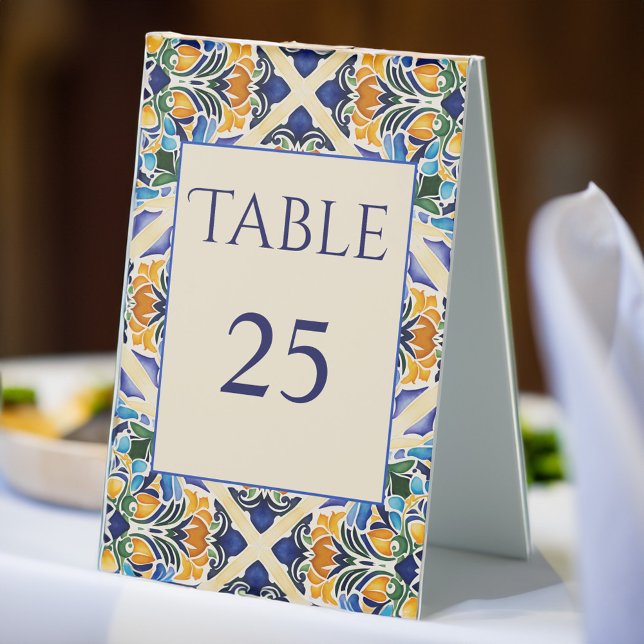 Talavera azulejo blue vintage tiles tabale number (Talavera azulejo blue tiles vintage Mexican wedding decor table numbers table tent sign)