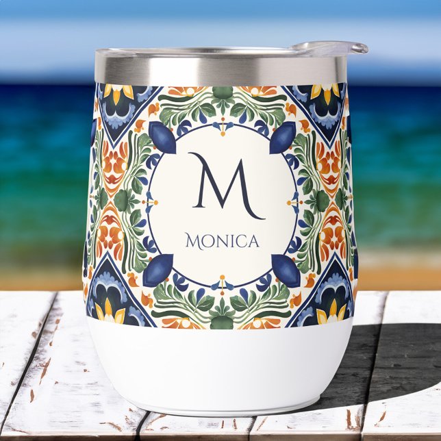 Talavera Azulejo tile bridesmaids gifts monogram  (Talavera Azulejo blue tiles bridesmaids gifts for her personalized monogram Thermal Wine Tumbler)
