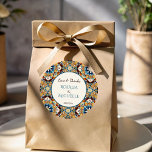 Talavera azulejo tile vintage Mexican wedding Classic Round Sticker<br><div class="desc">Teal Blue and brown colourful vintage Mexican talavera azulejo tiles wedding thank you favour stickers template</div>