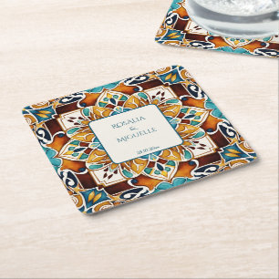 Talavera azulejo vintage Mexican wedding favours Square Paper Coaster