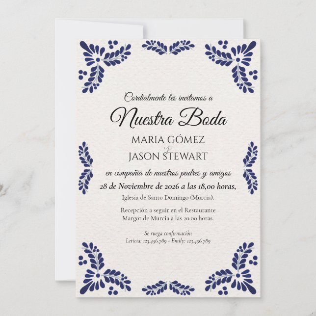 Talavera Black Floral Minimalist Spanish Wedding Invitation (Front)