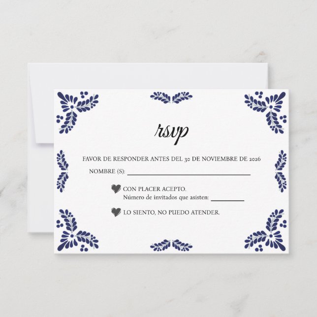 Talavera Black Floral Minimalist Spanish Wedding RSVP Card (Front)