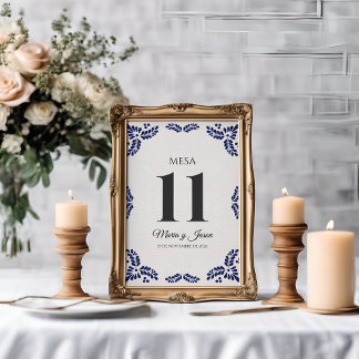 Talavera Black Floral Minimalist Spanish Wedding Table Number