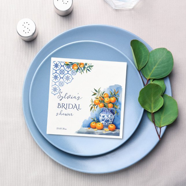 Talavera blue chinoiserie citrus bridal shower napkin (Talavera blue chinoiserie vase oranges citrus Spanish Hacienda summer bridal shower printed napkins)