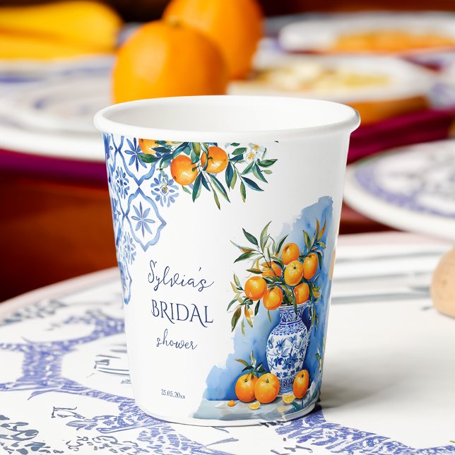 Talavera blue chinoiserie citrus bridal shower paper cups (Talavera blue chinoiserie vase oranges citrus Spanish Mexican summer bridal shower paper cups)