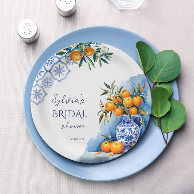 Talavera blue chinoiserie citrus bridal shower paper plate (Talavera blue chinoiserie orange citrus Mexican Hacienda summer Spanish bridal shower paper plates)