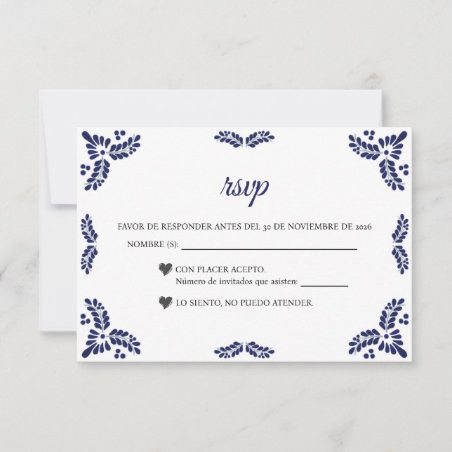 Talavera Blue Floral Minimalist Spanish Wedding RSVP Card (Front)