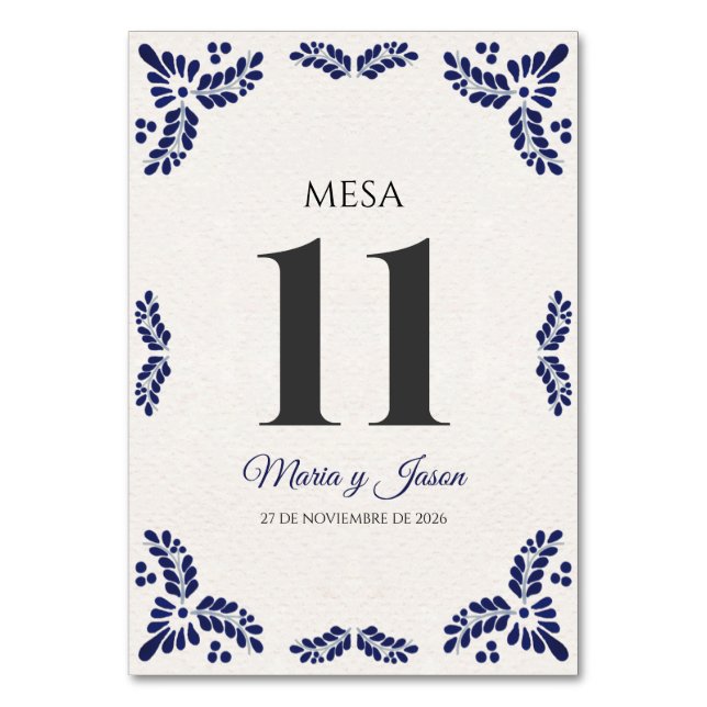 Talavera Blue Floral Minimalist Spanish Wedding Table Number (Front)