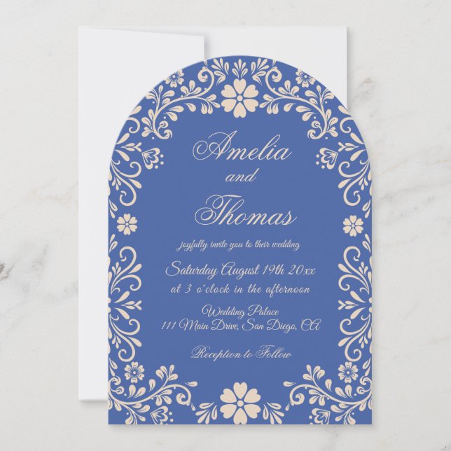 Talavera Blue Floral Vintage Wedding  Invitation (Front)