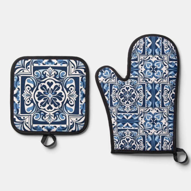 Talavera Blue Tiles Oven Mitt & Pot Holder Set (Front)