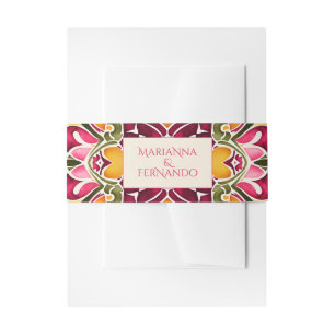Talavera fuchsia tile vintage Mexican wedding Invitation Belly Band