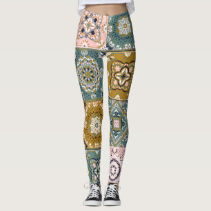 Talavera Indian: Patchwork, Ethnic Mosaic. Leggings