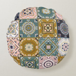 Talavera Indian: Patchwork, Ethnic Mosaic. Round Cushion