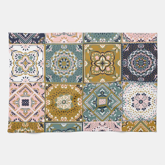 Talavera Indian: Patchwork, Ethnic Mosaic. Tea Towel (Horizontal)