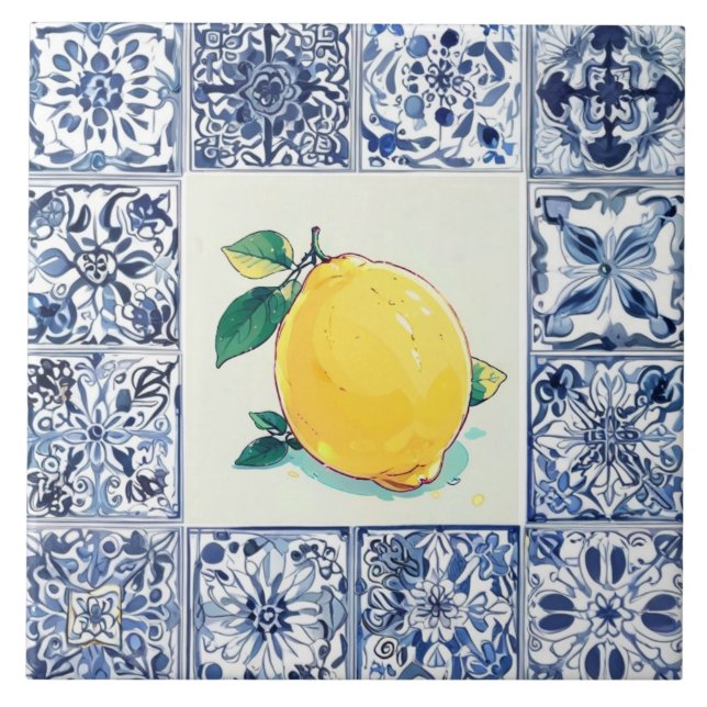 Talavera Lemon - Blue and White Mediterranean Tile (Front)