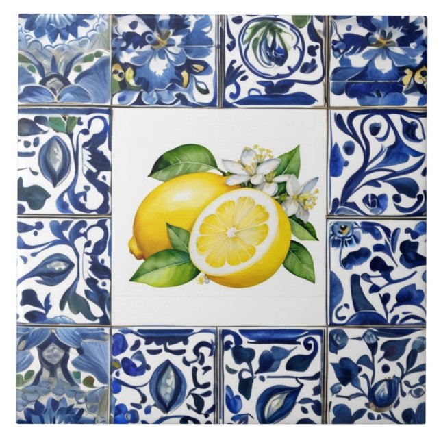 Talavera Lemons Dark Blue and White Mediterranean Tile (Front)