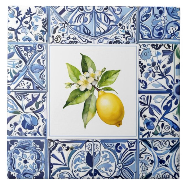 Talavera Lemons Light Blue and White Mediterranean Tile (Front)